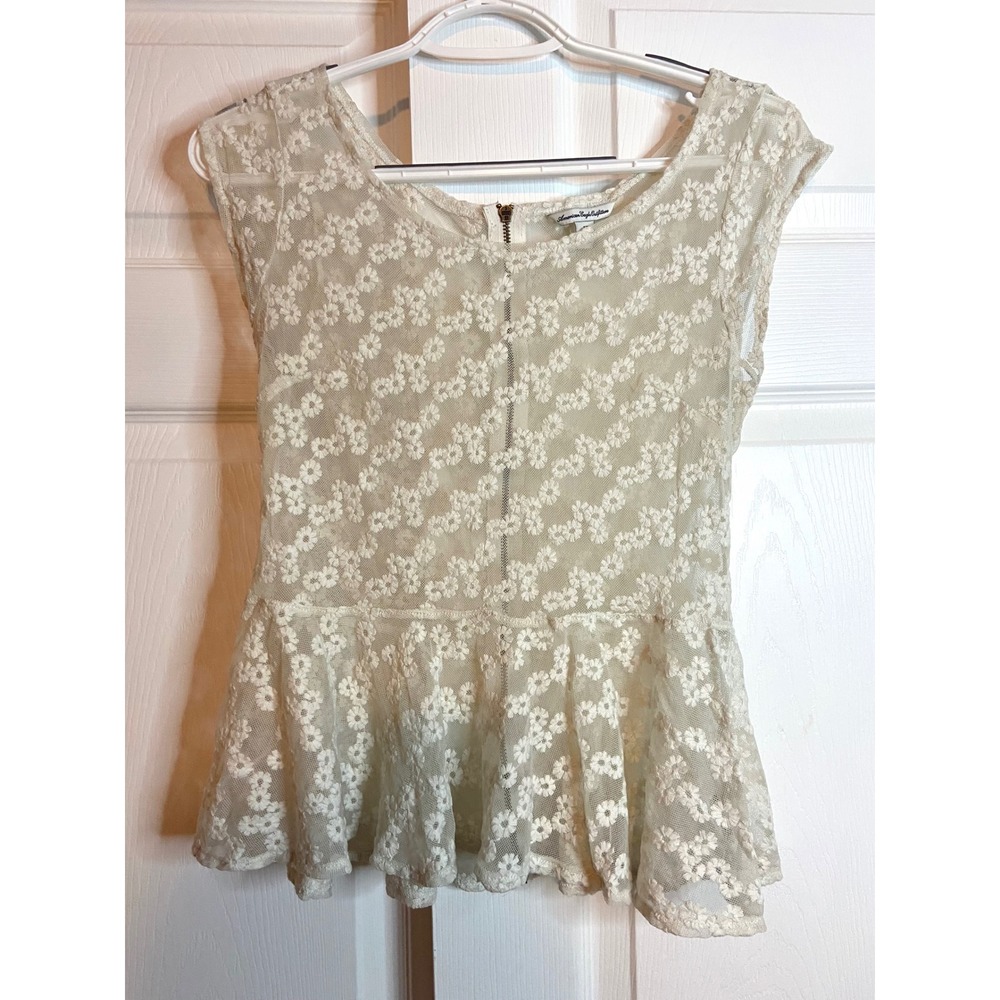 American Eagle Cream Floral Lace Peplum Top Sleeveless Back Zip Small Boho